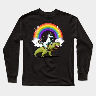 Unicorn Riding T-Rex Dinosaur Magical Rainbow Long Sleeve T-Shirt